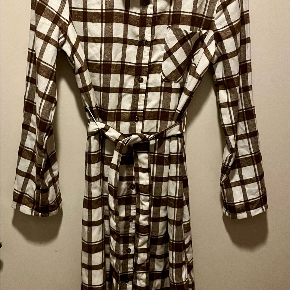 Madison + Hudson Brown and Cream Plaid / Flannel Button-Down Dress